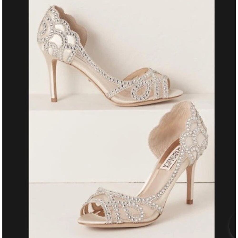 BHLDN Badgley Mischka Marla Peep Heels Embellished Nude Peep toe Pumps Size 6.5 - Picture 2 of 9
